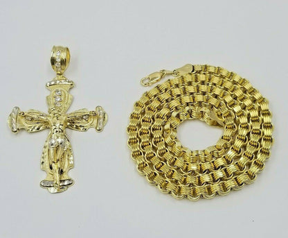 10k Gold Jesus Cross Charm Byzantine Chain 24" Necklace Real 10k Yellow Gold SET - Reva Jeweler
