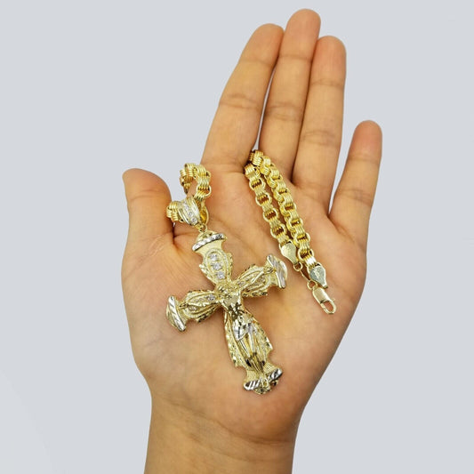 10k Gold Jesus Cross Charm Byzantine Chain 24" Necklace Real 10k Yellow Gold SET - Reva Jeweler