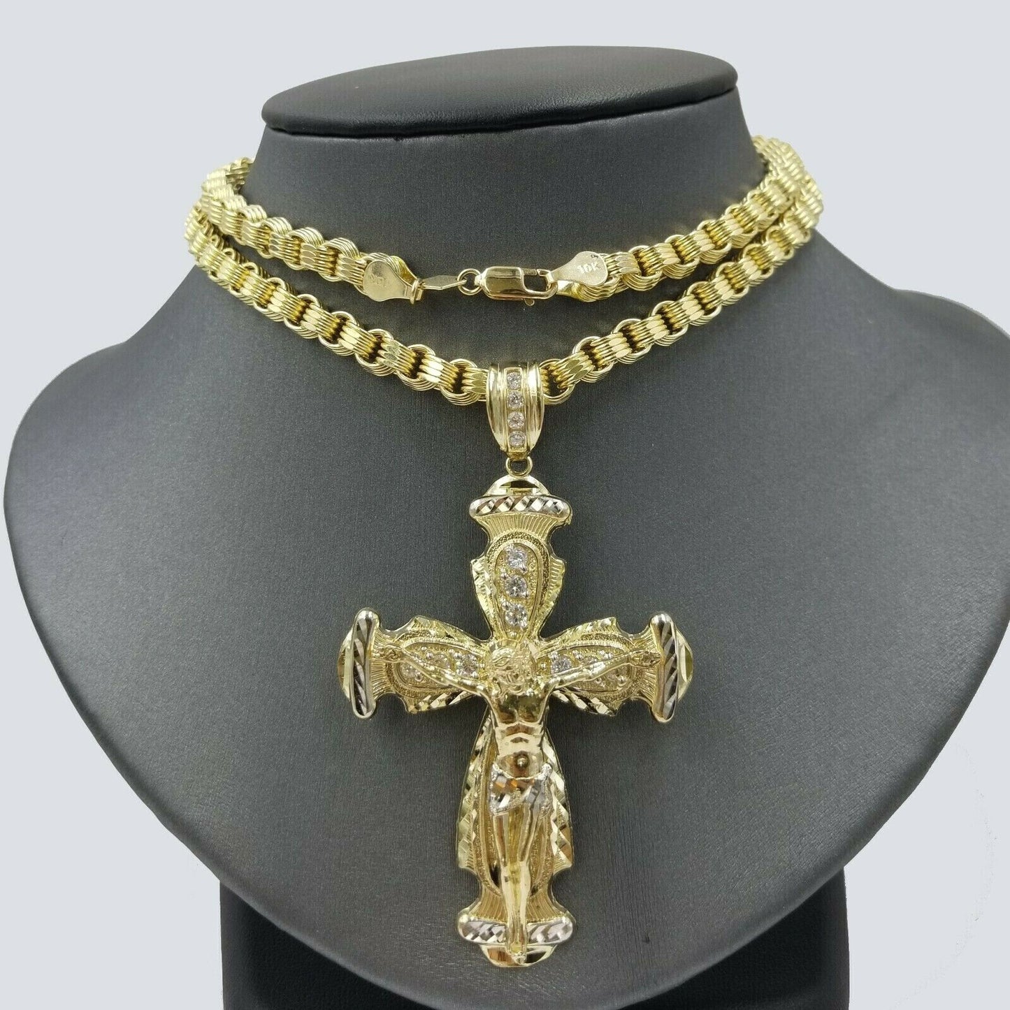 10k Gold Jesus Cross Charm Byzantine Chain 24" Necklace Real 10k Yellow Gold SET - Reva Jeweler
