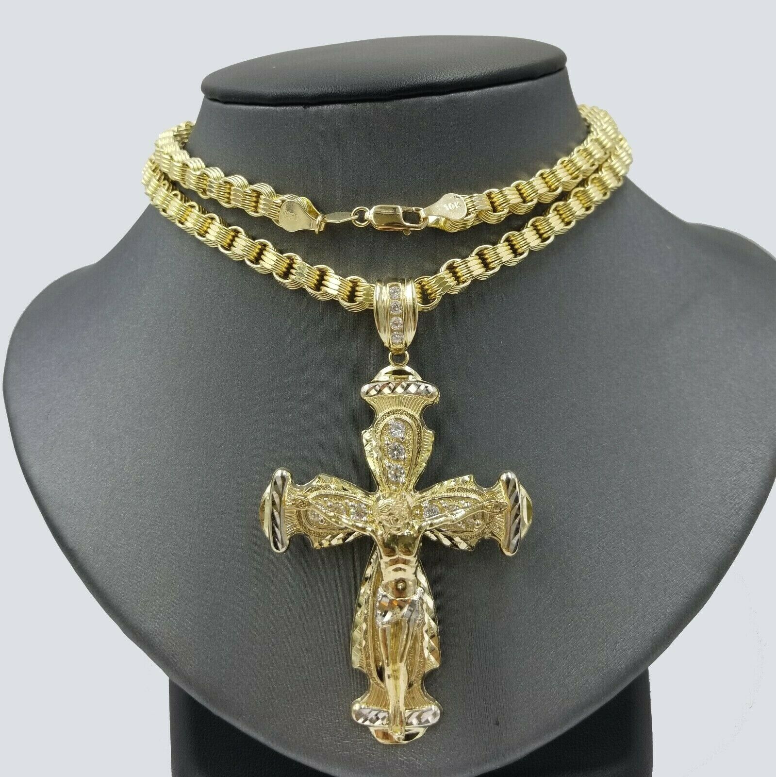 10k Gold Jesus Cross Charm Byzantine Chain 24" Necklace Real 10k Yellow Gold SET - Reva Jeweler