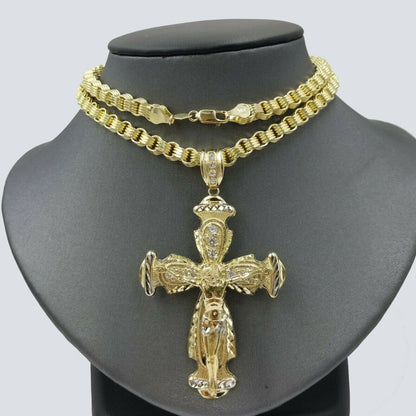 10k Gold Jesus Cross Charm Byzantine Chain 24" Necklace Real 10k Yellow Gold SET - Reva Jeweler
