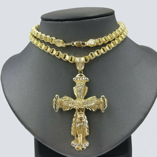 10k Gold Jesus Cross Charm Byzantine Chain 24" Necklace Real 10k Yellow Gold SET - Reva Jeweler