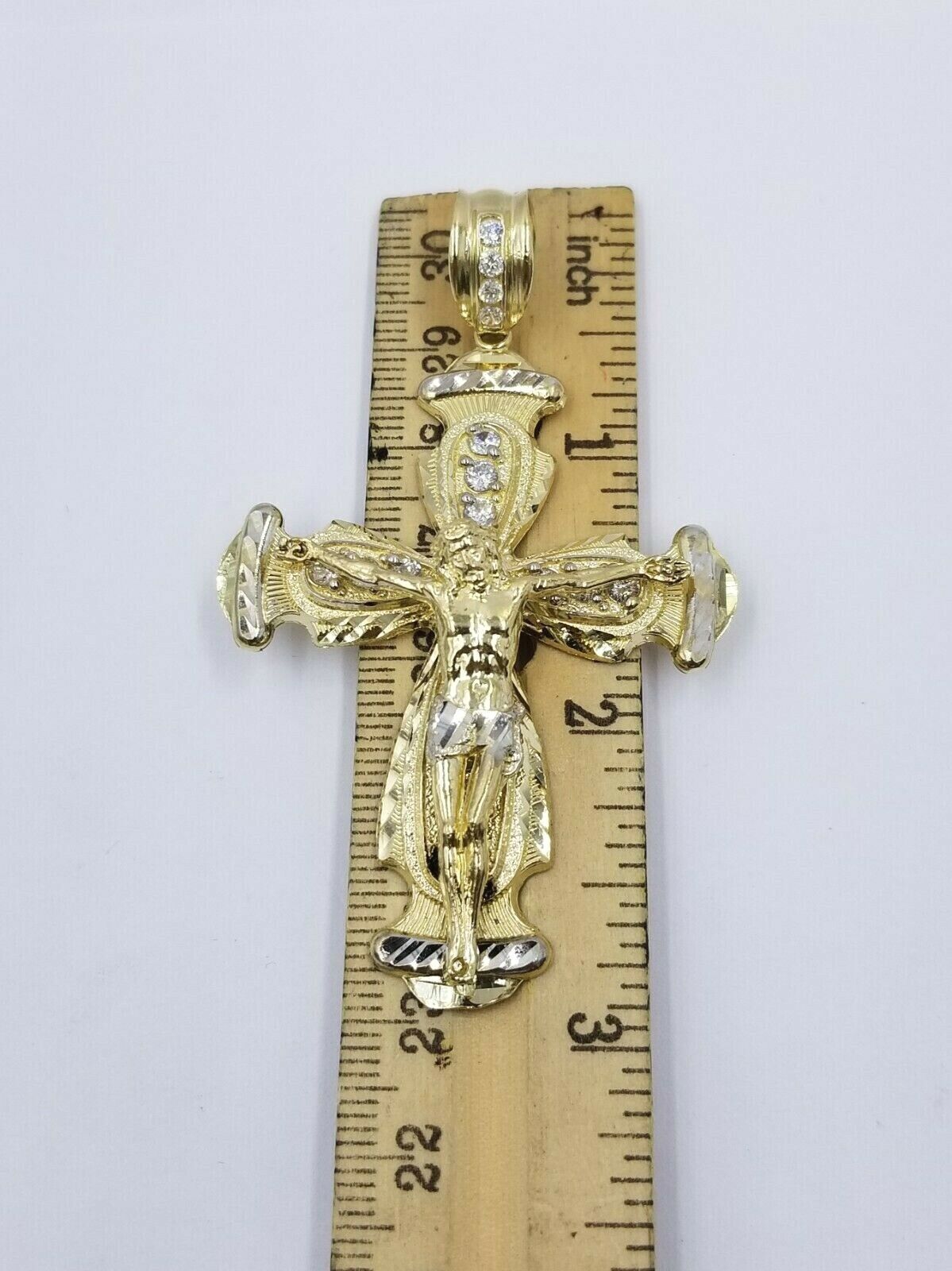 10k Gold Jesus Cross Charm Byzantine Chain 24" Necklace Real 10k Yellow Gold SET - Reva Jeweler