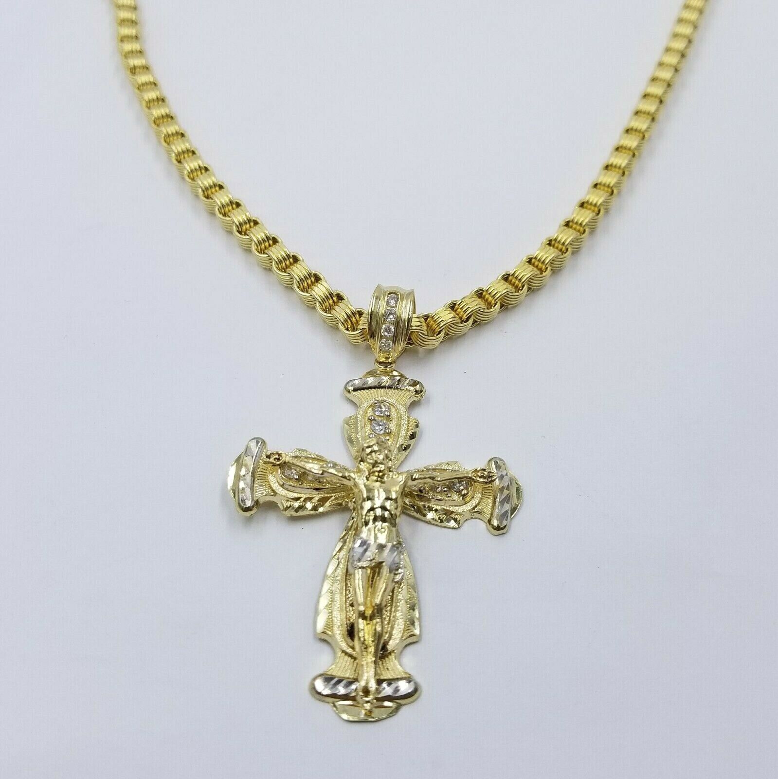 10k Gold Jesus Cross Charm Byzantine Chain 24" Necklace Real 10k Yellow Gold SET - Reva Jeweler
