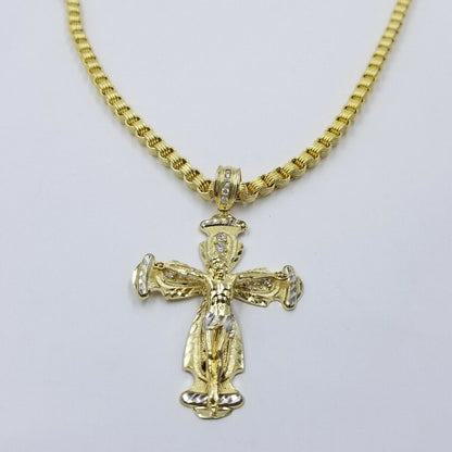 10k Gold Jesus Cross Charm Byzantine Chain 24" Necklace Real 10k Yellow Gold SET - Reva Jeweler