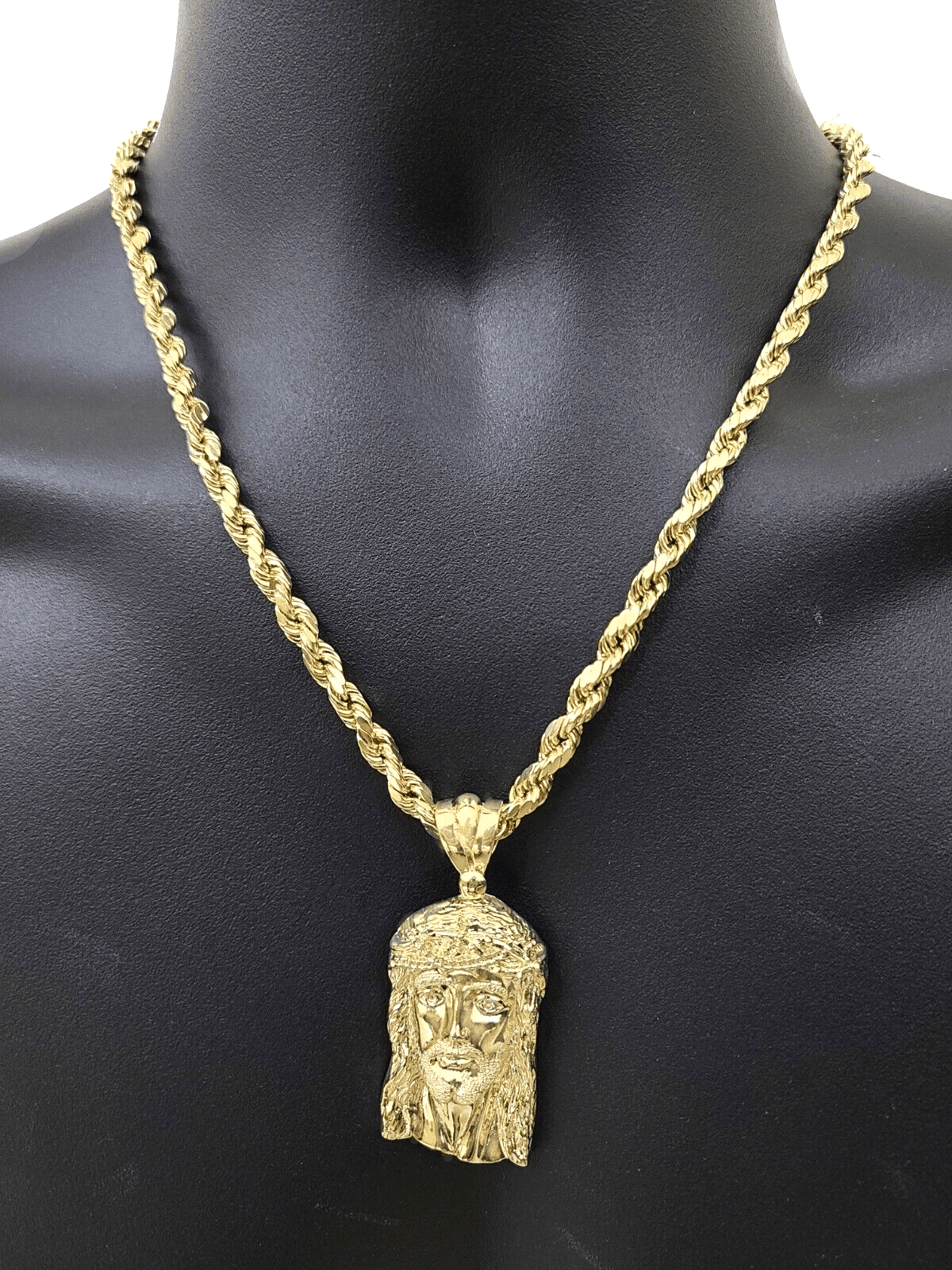 10k Gold Jesus Head Charm Rope Chain Necklace 6mm 20'' Set & Pendant 10kt REAL - Reva Jeweler