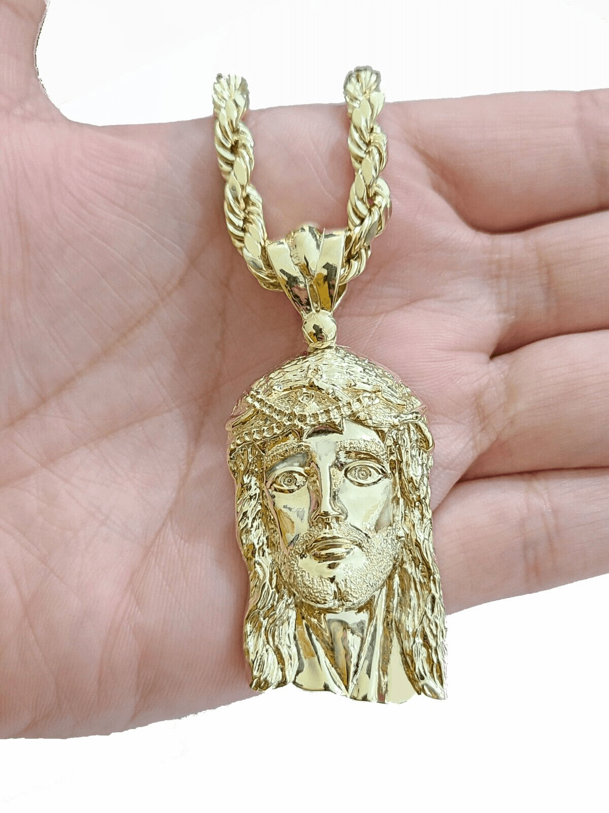 10k Gold Jesus Head Charm Rope Chain Necklace 6mm 22'' Set & Pendant 10kt REAL - Reva Jeweler
