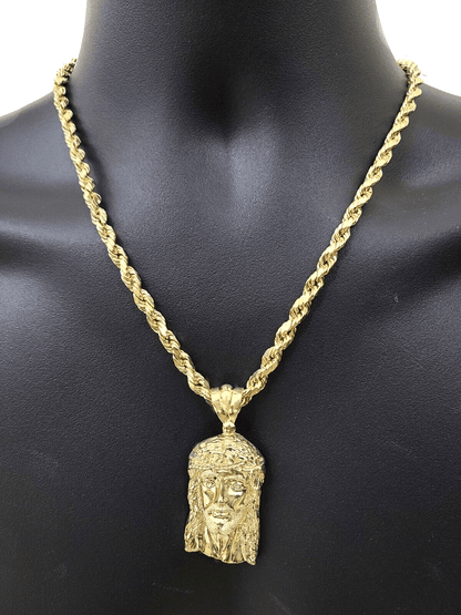 10k Gold Jesus Head Charm Rope Chain Necklace 6mm 22'' Set & Pendant 10kt REAL - Reva Jeweler