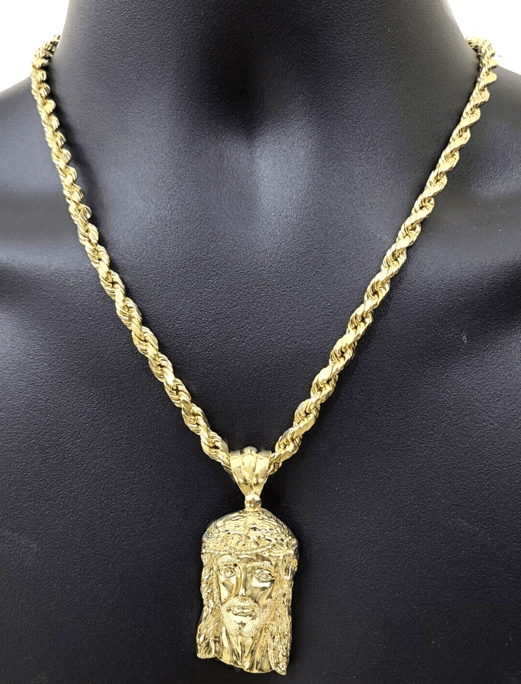 10k Gold Jesus Head Charm Rope Chain Necklace 6mm 24'' Set & Pendant 10kt REAL - Reva Jeweler