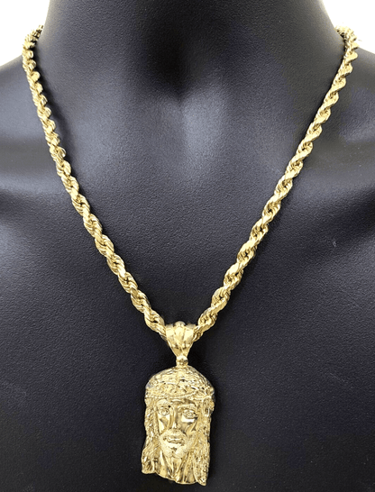 10k Gold Jesus Head Charm Rope Chain Necklace 6mm 24'' Set & Pendant 10kt REAL - Reva Jeweler