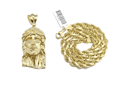 10k Gold Jesus Head Charm Rope Chain Necklace 6mm 24'' Set & Pendant 10kt REAL - Reva Jeweler