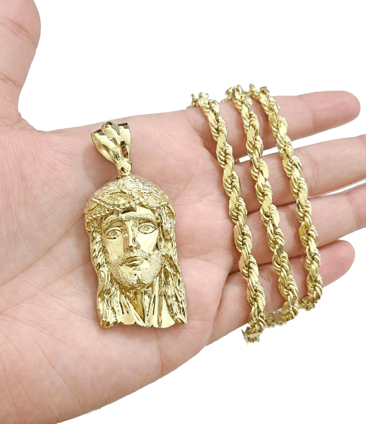 10k Gold Jesus Head Charm Rope Chain Necklace 6mm 26'' Set & Pendant 10kt REAL - Reva Jeweler