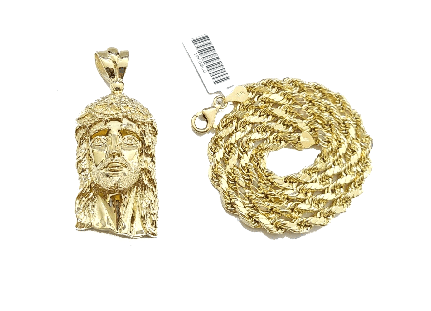 10k Gold Jesus Head Charm Rope Chain Necklace 6mm 26'' Set & Pendant 10kt REAL - Reva Jeweler