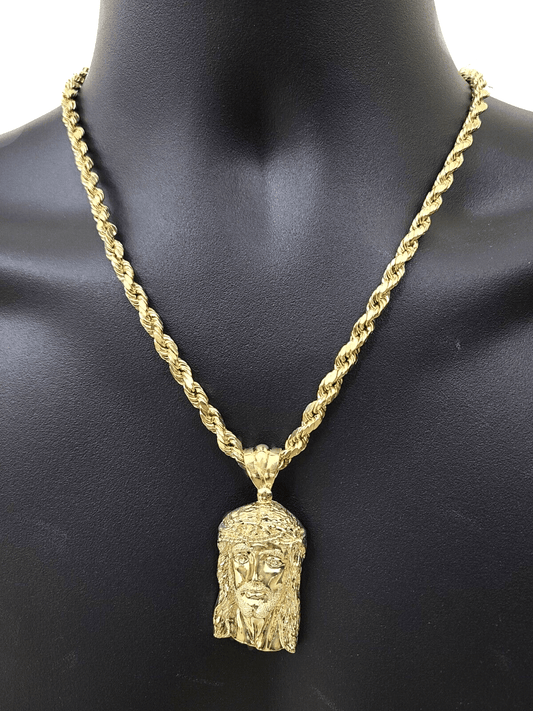 10k Gold Jesus Head Charm Rope Chain Necklace 6mm 28'' Set & Pendant 10kt REAL - Reva Jeweler