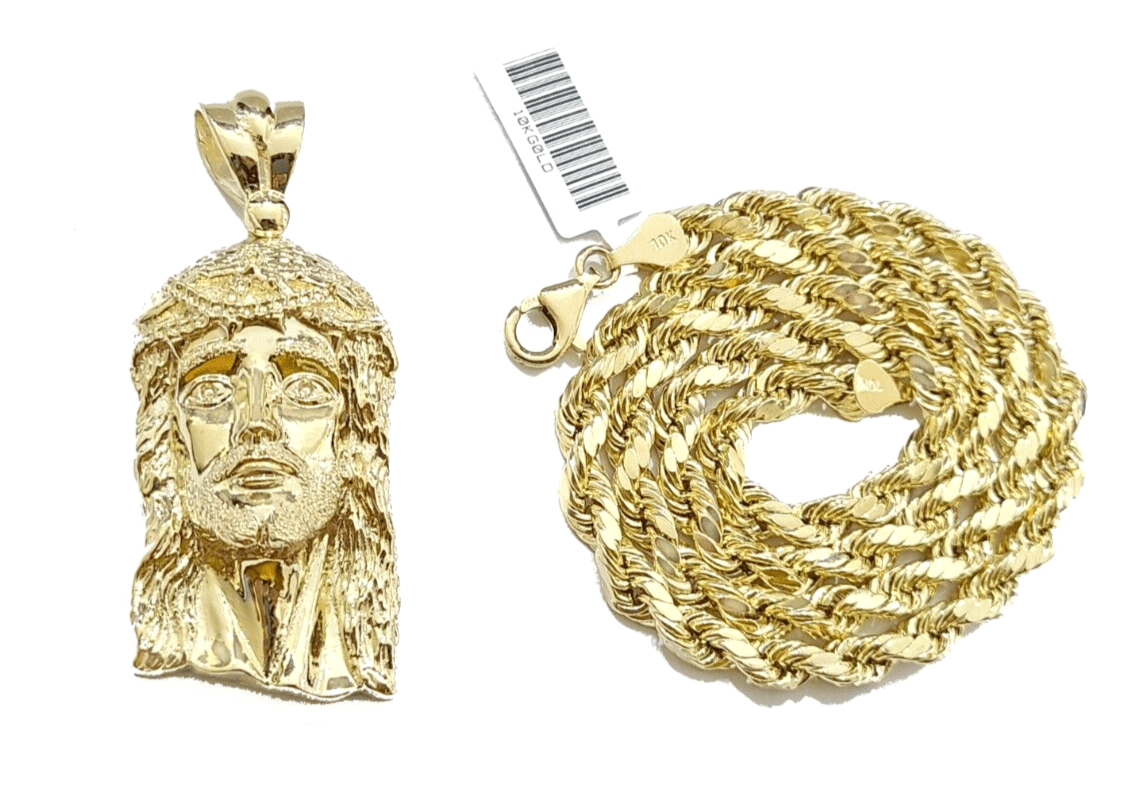 10k Gold Jesus Head Charm Rope Chain Necklace 6mm 28'' Set & Pendant 10kt REAL - Reva Jeweler