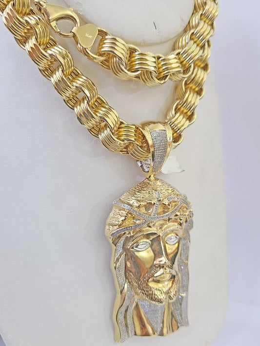 10k Gold Jesus Head Pendant Byzantine Chain 12mm 26'' Necklace Set Real Genuine - Reva Jeweler