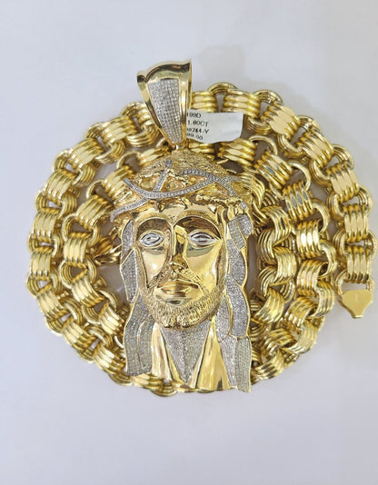 10k Gold Jesus Head Pendant Byzantine Chain 12mm 26'' Necklace Set Real Genuine - Reva Jeweler