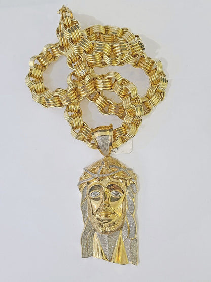 10k Gold Jesus Head Pendant Byzantine Chain 12mm 26'' Necklace Set Real Genuine - Reva Jeweler