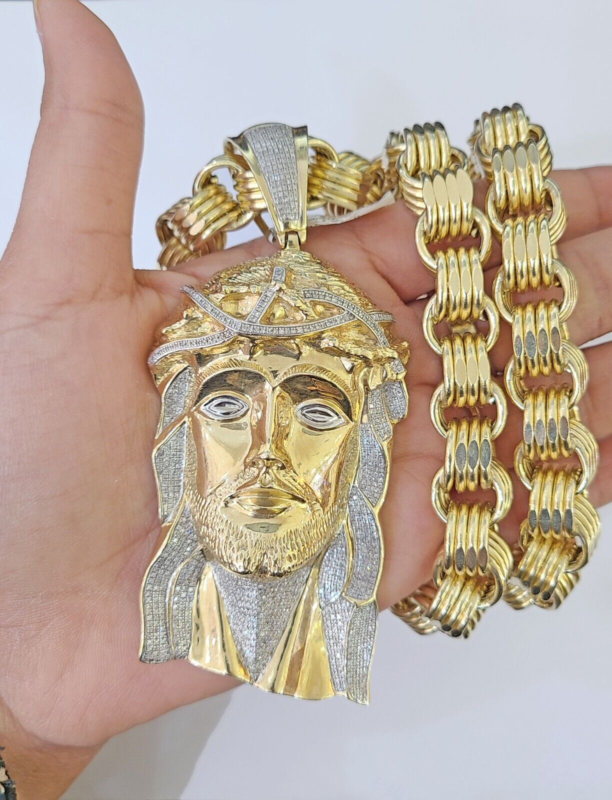 10k Gold Jesus Head Pendant Byzantine Chain 12mm 26'' Necklace Set Real Genuine - Reva Jeweler