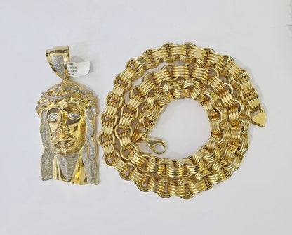 10k Gold Jesus Head Pendant Byzantine Chain 12mm 26'' Necklace Set Real Genuine - Reva Jeweler