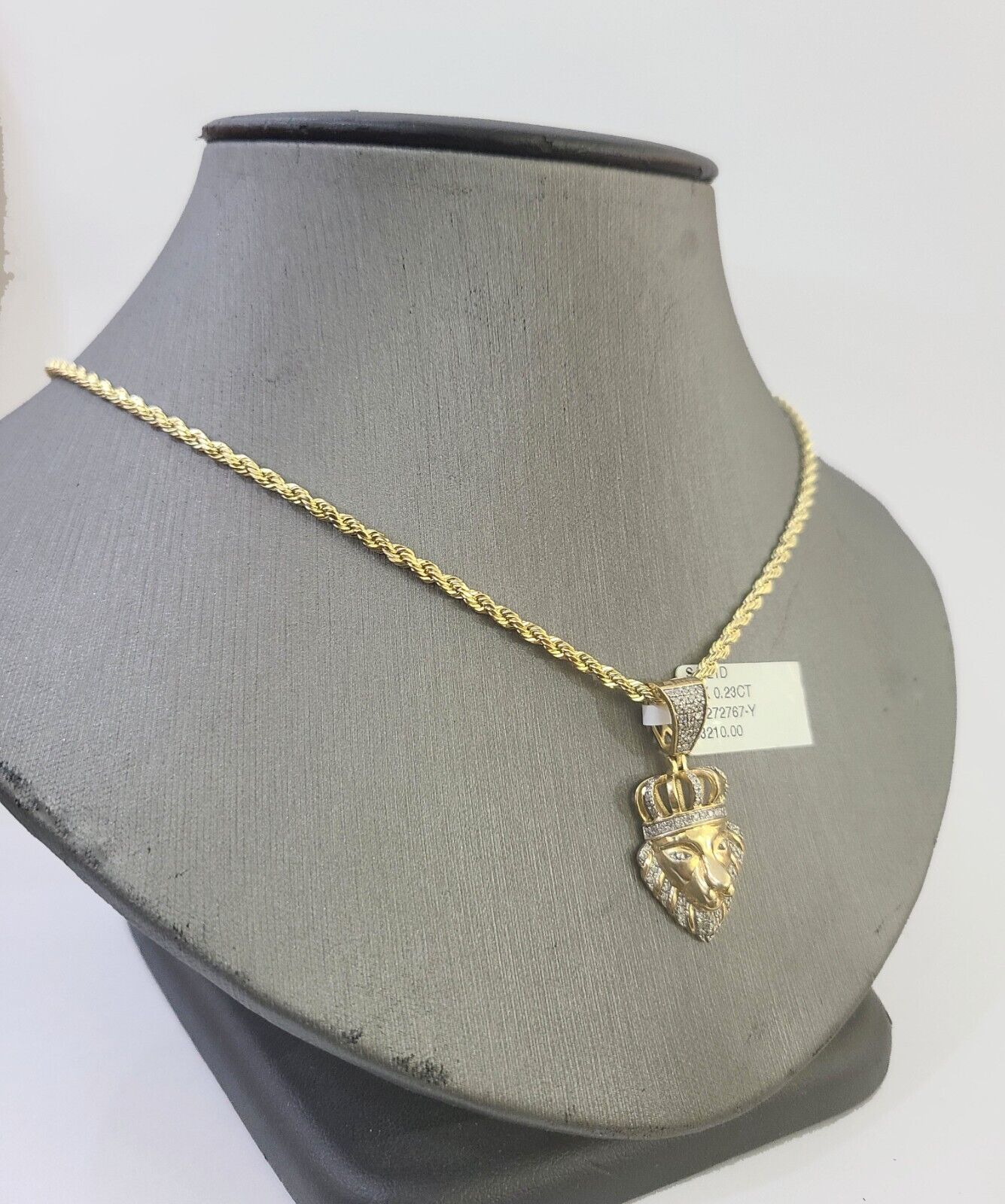 10k Gold Lion Head Diamond Charm and 2.5mm 18 Inches Rope Chain - Reva Jeweler