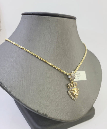 10k Gold Lion Head Diamond Charm and 2.5mm 18 Inches Rope Chain - Reva Jeweler