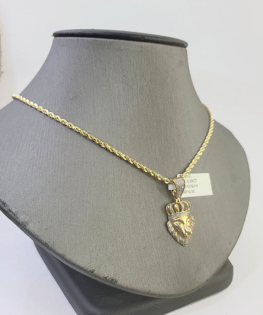 10k Gold Lion Head Diamond Charm and 2.5mm 18 Inches Rope Chain - Reva Jeweler