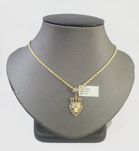 10k Gold Lion Head Diamond Charm and 2.5mm 18 Inches Rope Chain - Reva Jeweler