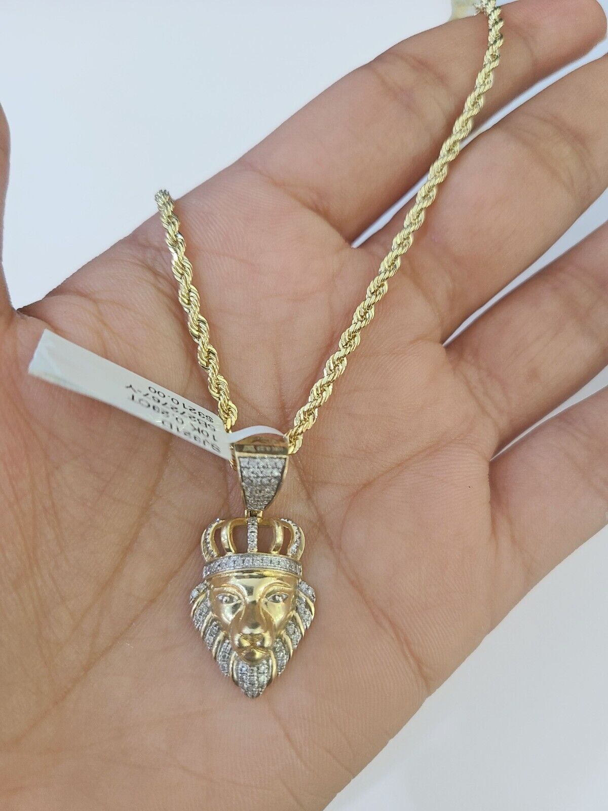 10k Gold Lion Head Diamond Charm and 2.5mm 18 Inches Rope Chain - Reva Jeweler