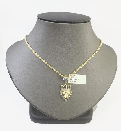 10k Gold Lion Head Diamond Charm and 2.5mm 22 Inches Rope Chain - Reva Jeweler