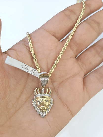 10k Gold Lion Head Diamond Charm and 2.5mm 22 Inches Rope Chain - Reva Jeweler