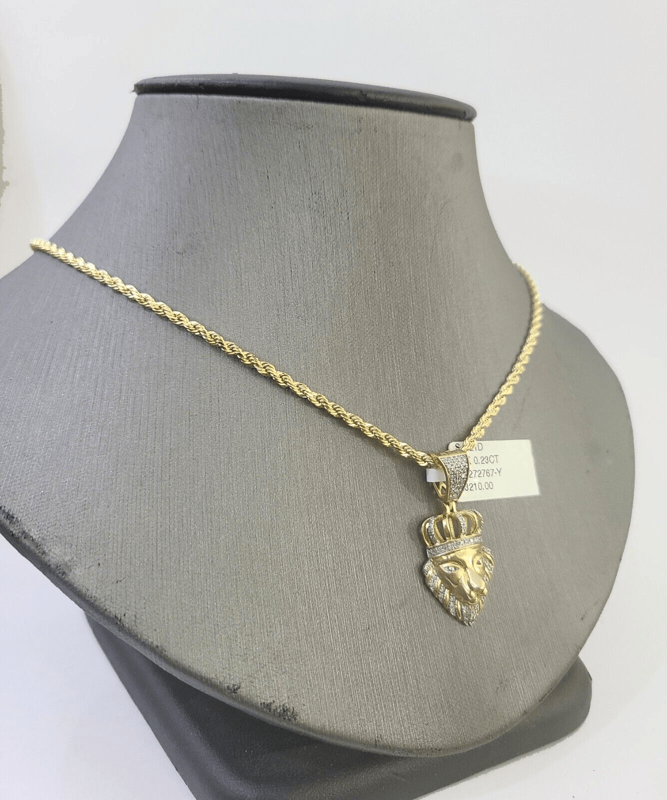 10k Gold Lion Head Diamond Charm and 2.5mm Rope Chain 24" - Reva Jeweler