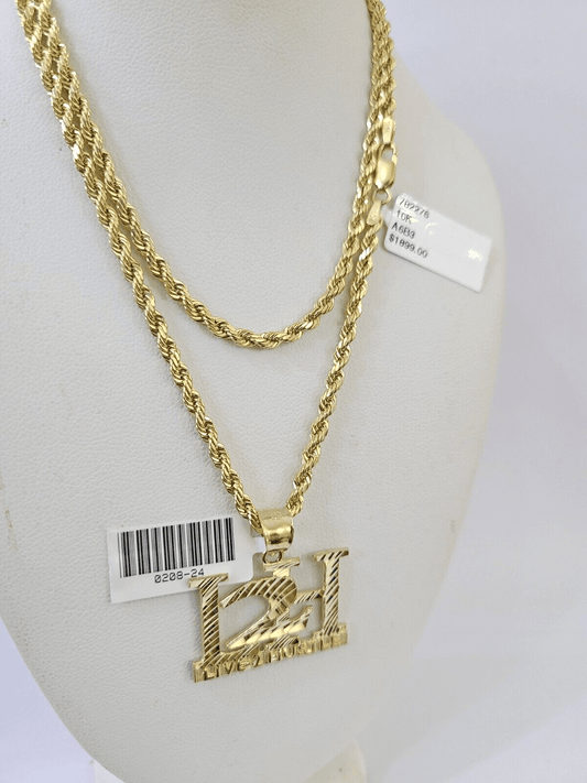 10k Gold Live 2 Hustle Pendant Rope Chain 3mm 18'' Necklace Set L2H Real Yellow - Reva Jeweler