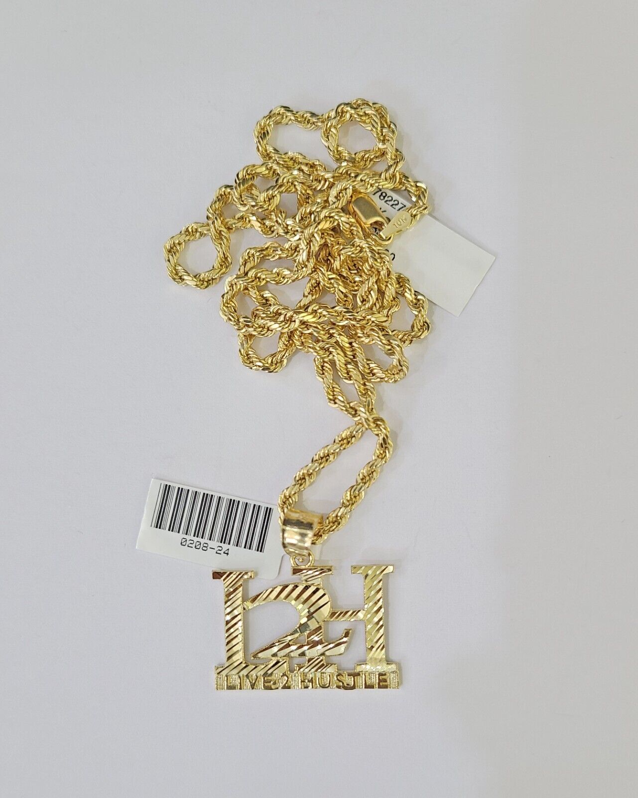 10k Gold Live 2 Hustle Pendant Rope Chain 3mm 18'' Necklace Set L2H Real Yellow - Reva Jeweler