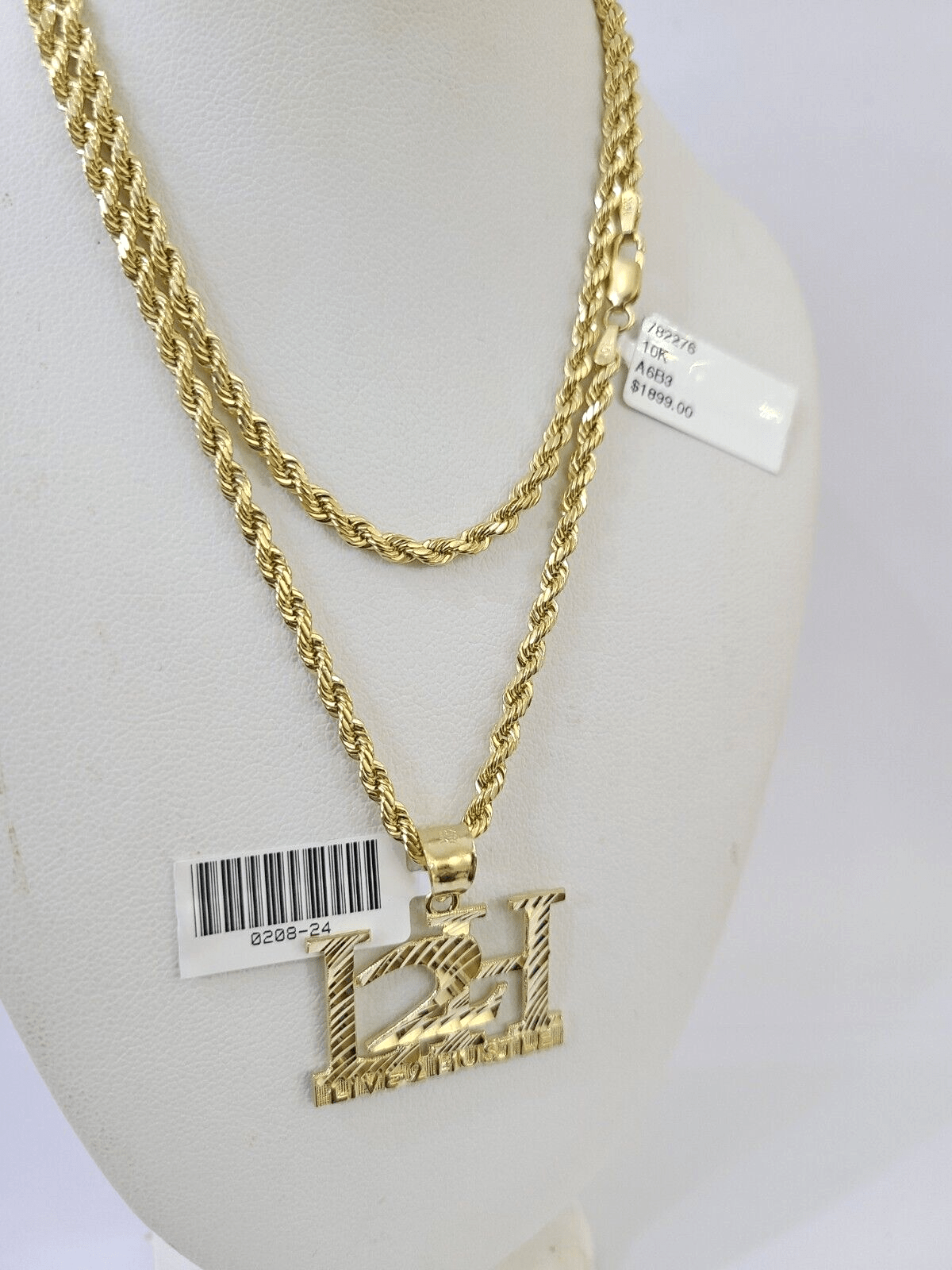 10k Gold Live 2 Hustle Pendant Rope Chain 3mm 22'' Necklace Set L2H Real Yellow - Reva Jeweler