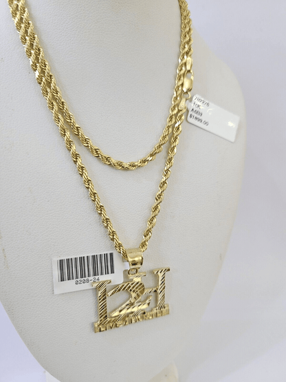 10k Gold Live 2 Hustle Pendant Rope Chain 3mm 22'' Necklace Set L2H Real Yellow - Reva Jeweler