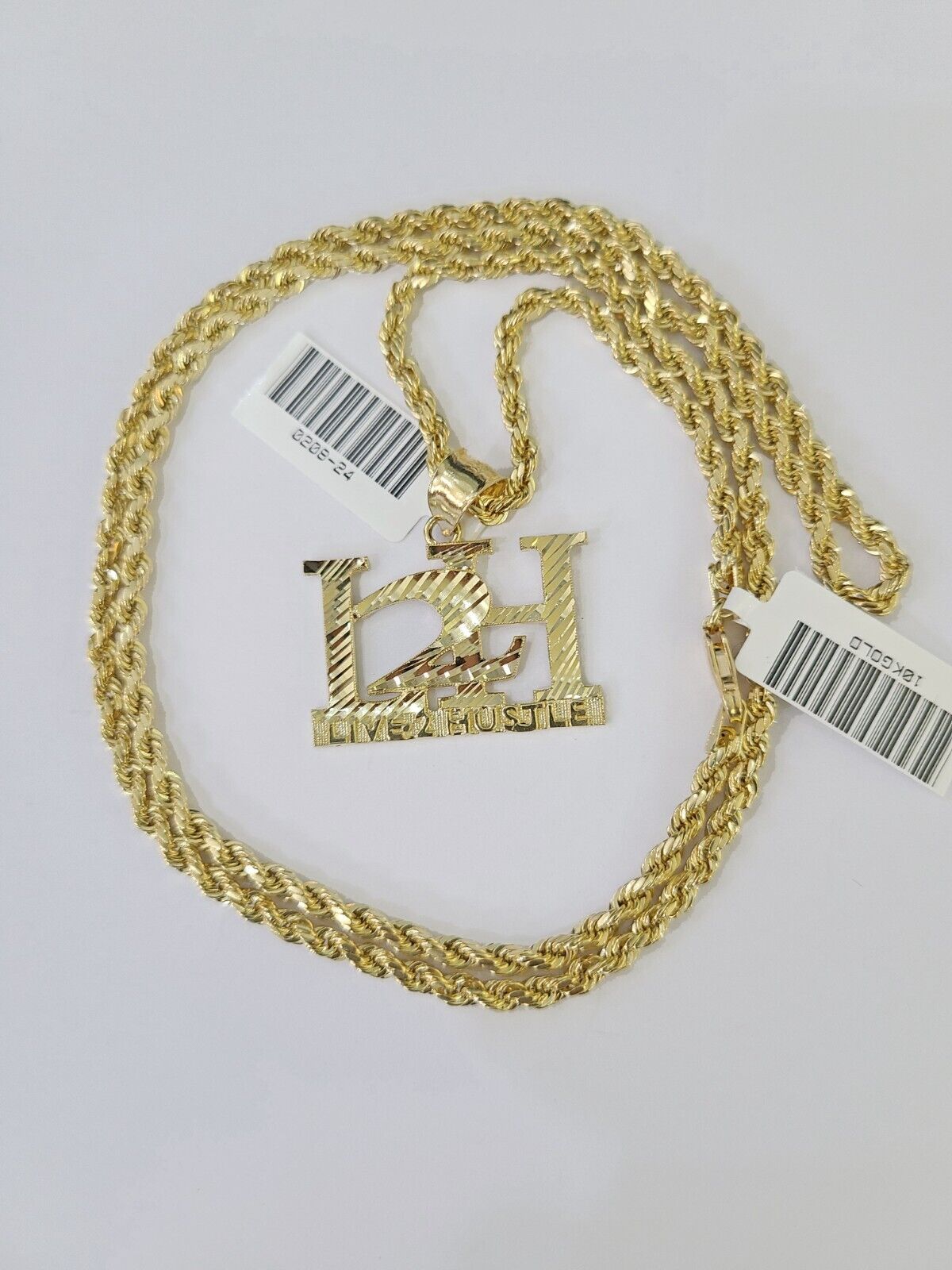 10k Gold Live 2 Hustle Pendant Rope Chain 3mm 22'' Necklace Set L2H Real Yellow - Reva Jeweler