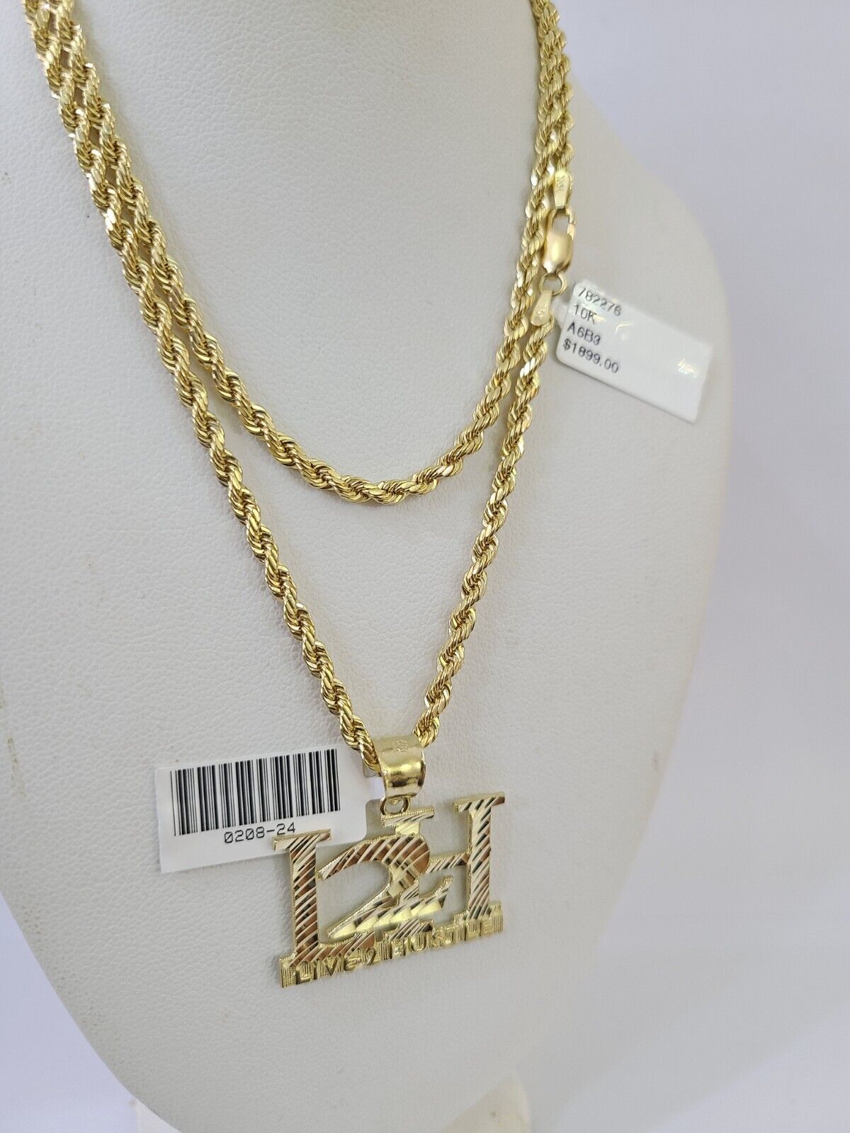 10k Gold Live 2 Hustle Pendant Rope Chain 3mm 24'' Necklace Set L2H Real Yellow - Reva Jeweler