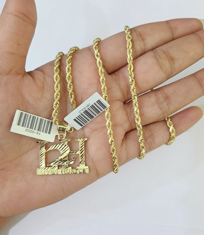 10k Gold Live 2 Hustle Pendant Rope Chain 3mm 24'' Necklace Set L2H Real Yellow - Reva Jeweler