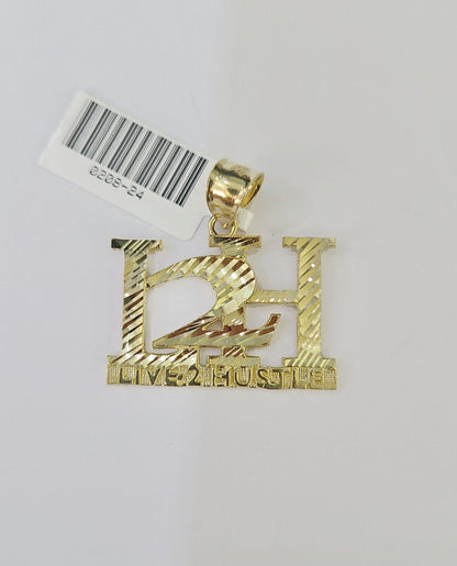 10k Gold Live 2 Hustle Pendant Rope Chain 3mm 24'' Necklace Set L2H Real Yellow - Reva Jeweler