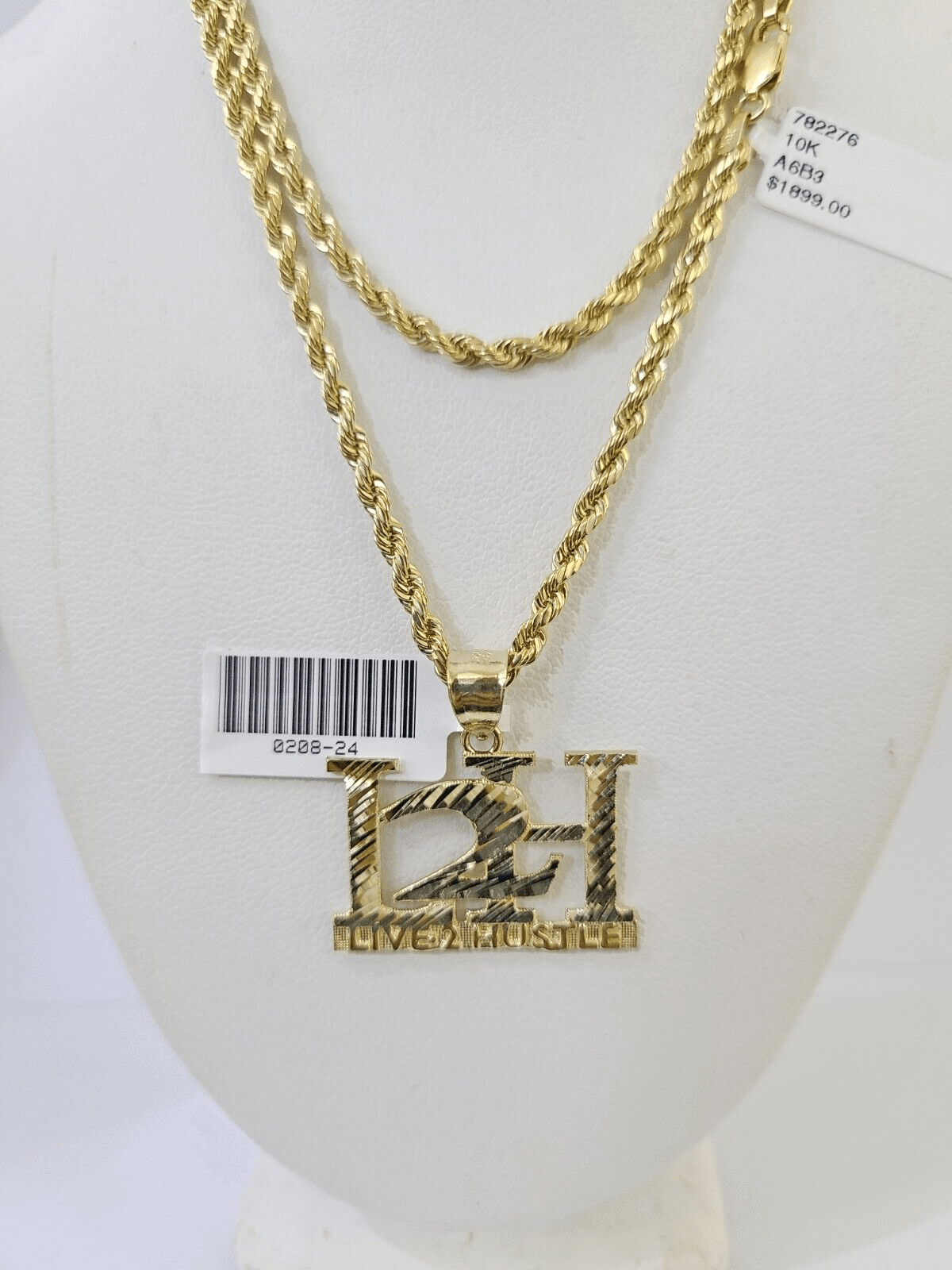 10k Gold Live 2 Hustle Pendant Rope Chain 3mm 26'' Necklace Set L2H Real Yellow - Reva Jeweler
