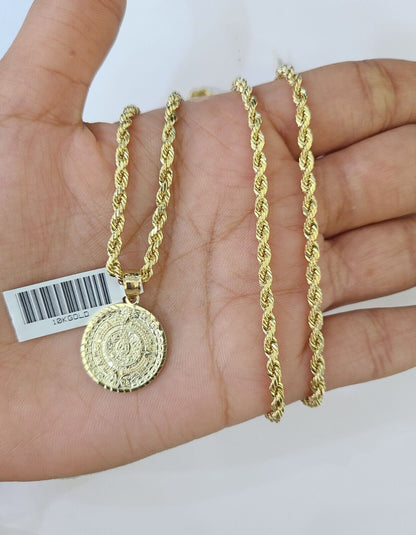 10k Gold Mayan Calendar Pendant Rope Chain 3mm 18'' Necklace Set Real Yellow - Reva Jeweler