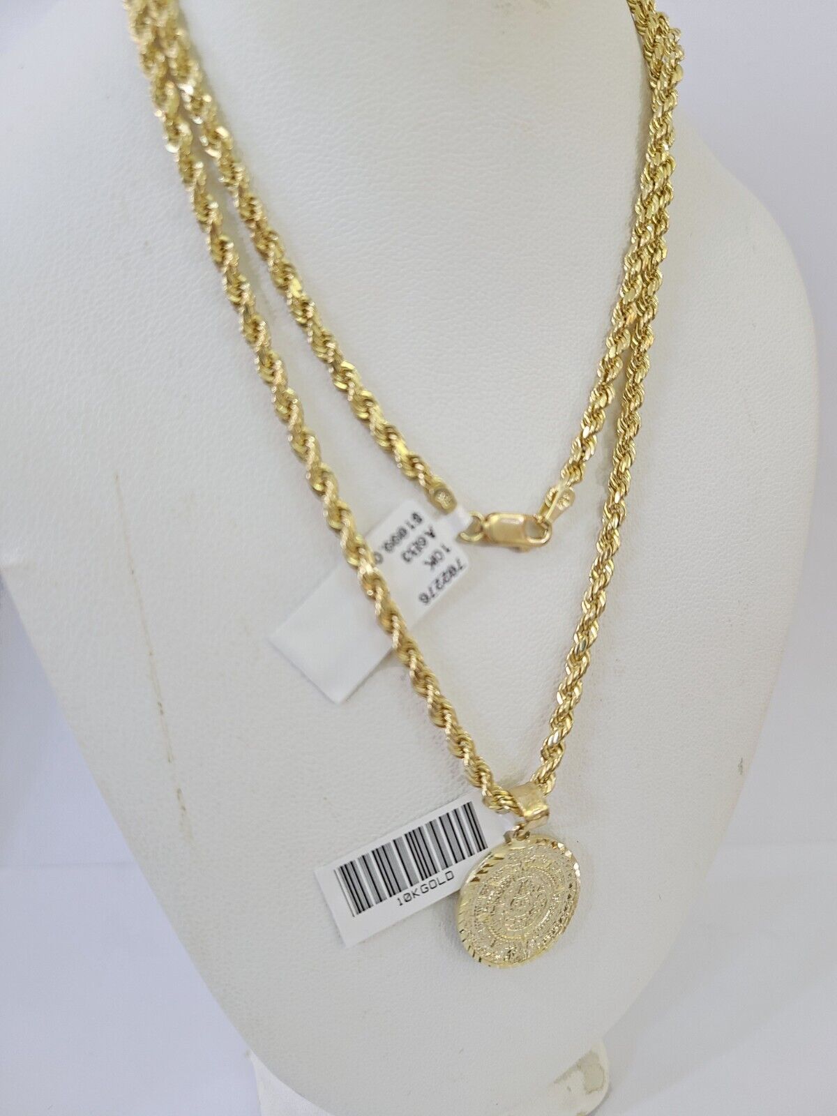 10k Gold Mayan Calendar Pendant Rope Chain 3mm 18'' Necklace Set Real Yellow - Reva Jeweler
