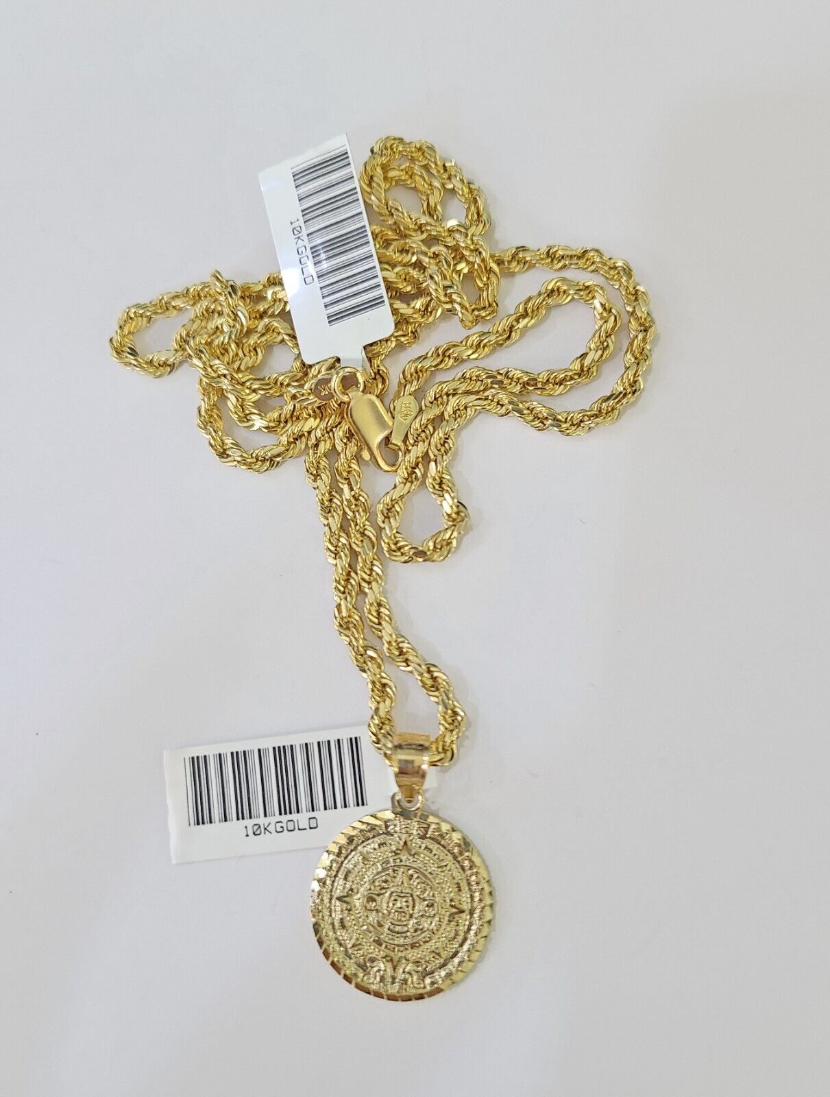 10k Gold Mayan Calendar Pendant Rope Chain 3mm 18'' Necklace Set Real Yellow - Reva Jeweler