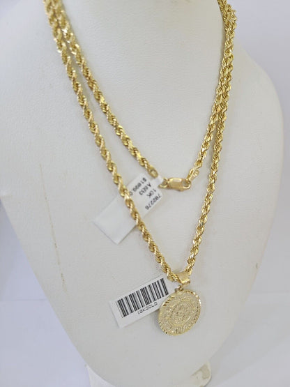 10k Gold Mayan Calendar Pendant Rope Chain 3mm 20'' Necklace Set Real Yellow - Reva Jeweler