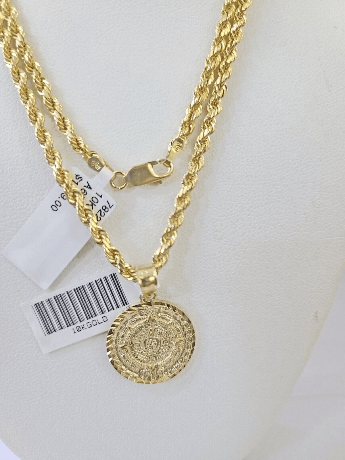 10k Gold Mayan Calendar Pendant Rope Chain 3mm 22'' Necklace Set Real Yellow - Reva Jeweler