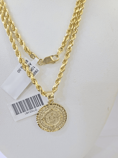 10k Gold Mayan Calendar Pendant Rope Chain 3mm 22'' Necklace Set Real Yellow - Reva Jeweler