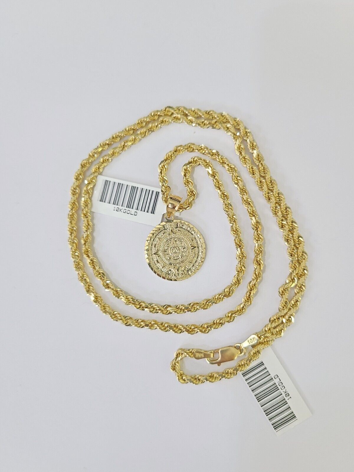 10k Gold Mayan Calendar Pendant Rope Chain 3mm 26'' Necklace Set Real Yellow - Reva Jeweler