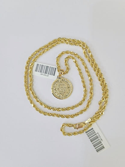 10k Gold Mayan Calendar Pendant Rope Chain 3mm 26'' Necklace Set Real Yellow - Reva Jeweler