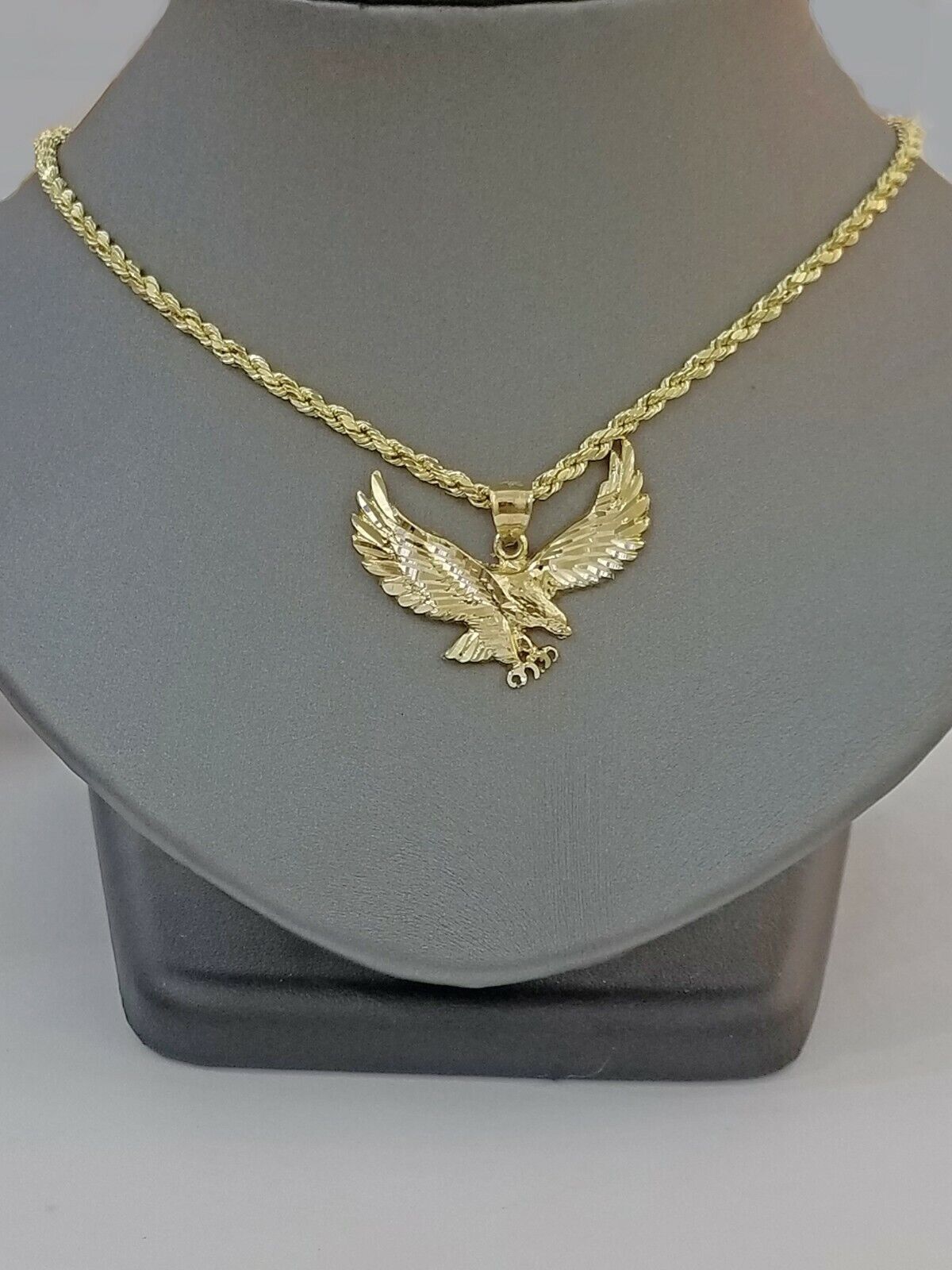 10k Gold Men Eagle Charm Pendant 2.5mm Rope Chain 18" 20" 22" 24" 26" 28" - Reva Jeweler